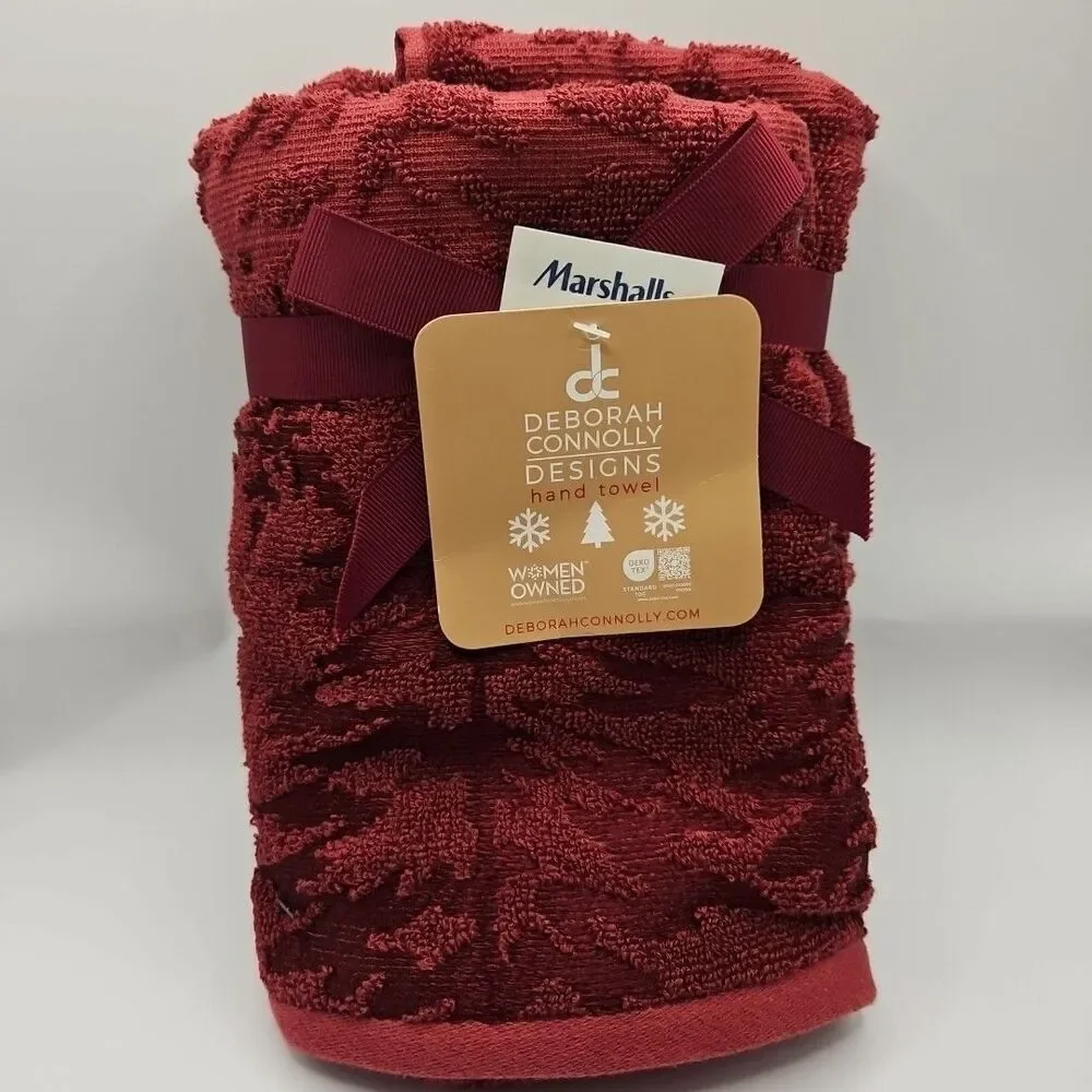 Deborah Connolly Hand Towels  Burgundy/Red Snowflake Trees LYOCELL COTTON